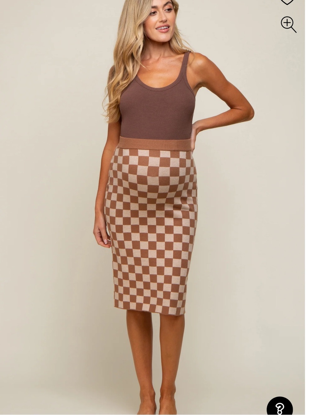 Brown Checkerboard Knit Pencil Skirt - Women Maternity